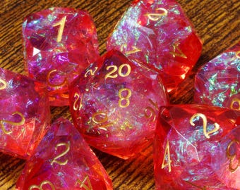 Solarflare shard dice set, fiery red orange sharp edge with holographic foil