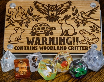 Woodland critters dice box and mixed animals dice set, 7 Polyhedral dice with animals inside, Dungeons and dragons, Dice set for DnD