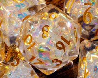 Sacred Opal Dice Set – Clear Translucent with Holographic Foil for DnD and Role-Playing Games