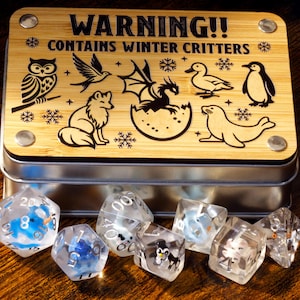 Winter critters dice box and mixed animals dice set, 7 Polyhedral dice with animals inside | Dice Box Set Game Kit