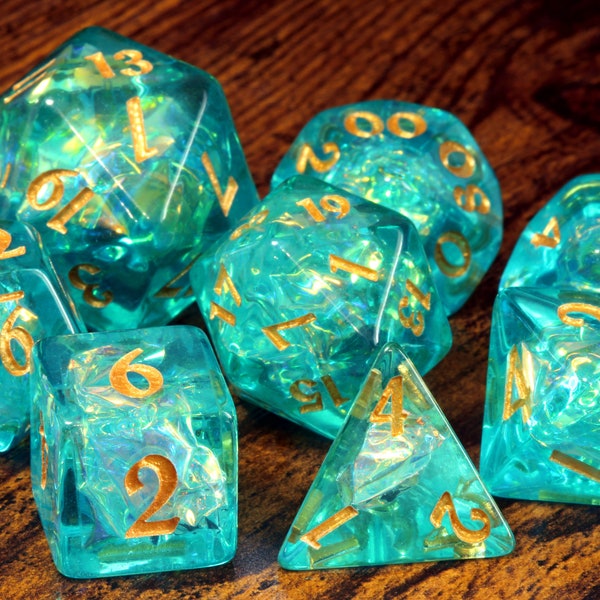 Ocean Opal Dice Set - Turquoise green Holographic inclusions , Translucent with holo foil, Dungeons and dragons dice set