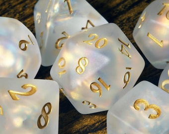 Paladin’s Oath Dice Set – White with Holographic Inclusions, Frosted Translucent with Glitter