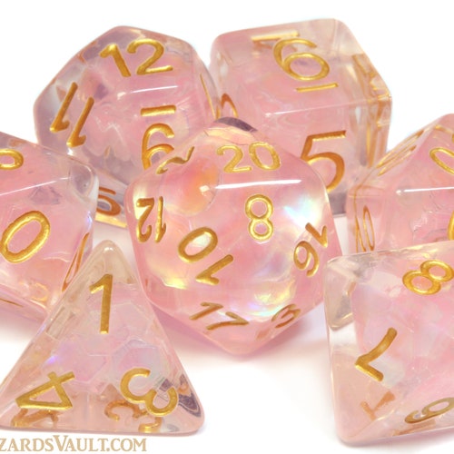 Jeu de dés sirène rose blush - Transparents avec de grandes paillettes de confettis holographiques roses blush, jeu pour donjons et dragons, échelle