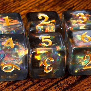Dados Shadow Opals D6 – Inclusões holográficas, película iridescente, translúcidos com glitter holográfico, dados de D&D