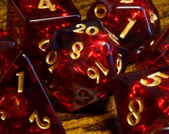 Cherry Opal Dice Set – Transparent Dark Red with Holographic Inclusions, TTRPG Game Kit for DnD and Role-Playing Games