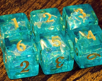 Ocean Opal D6 Dice Set – Turquoise Green Translucent Resin with Holographic Foil for DnD, Water Elemental & Sea Magic