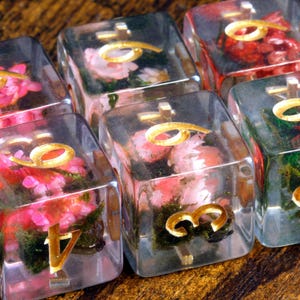 Op de afbeelding: Transparante hars toetsen met ingebedde roze en rode bloemen, gouden cijfers en gouden accenten. De toetsen zijn gerangschikt op een houten oppervlak. De toetsen zijn een decoratief item voor een toetsenbord.