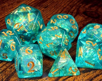 Ocean Opal Dice Set – Turquoise Green with Holographic Inclusions for DnD and Role-Playing Games