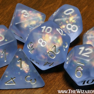 Frost Faerie Dice Set – Blue Frosted with Holographic Foil Inclusions, TTRPG Game Kit for DnD and Role-Playing Games
