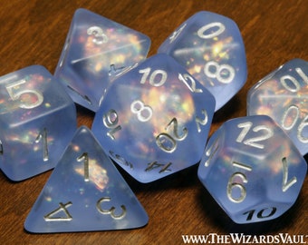 Frost Faerie Dice Set – Blue Frosted with Holographic Foil Inclusions, TTRPG Game Kit for DnD and Role-Playing Games