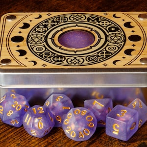 Celestial dice box and dice set, Purple Holographic inclusions ,Frosted Translucent with holo foil