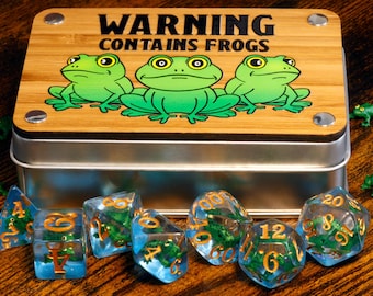 Frosch-Würfelset und Box - Polyedrische Würfel mit grünen Fröschen im Inneren, für TTRPG DnD und Tabletop-Rollenspiele