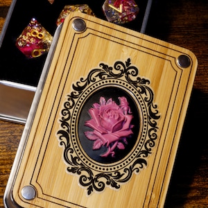 Pink Rose dice box with Fuchsia Pink flowers sharp edge dice set with gold flake inclusions and holographic glitters | Dice Box Set Game Kit