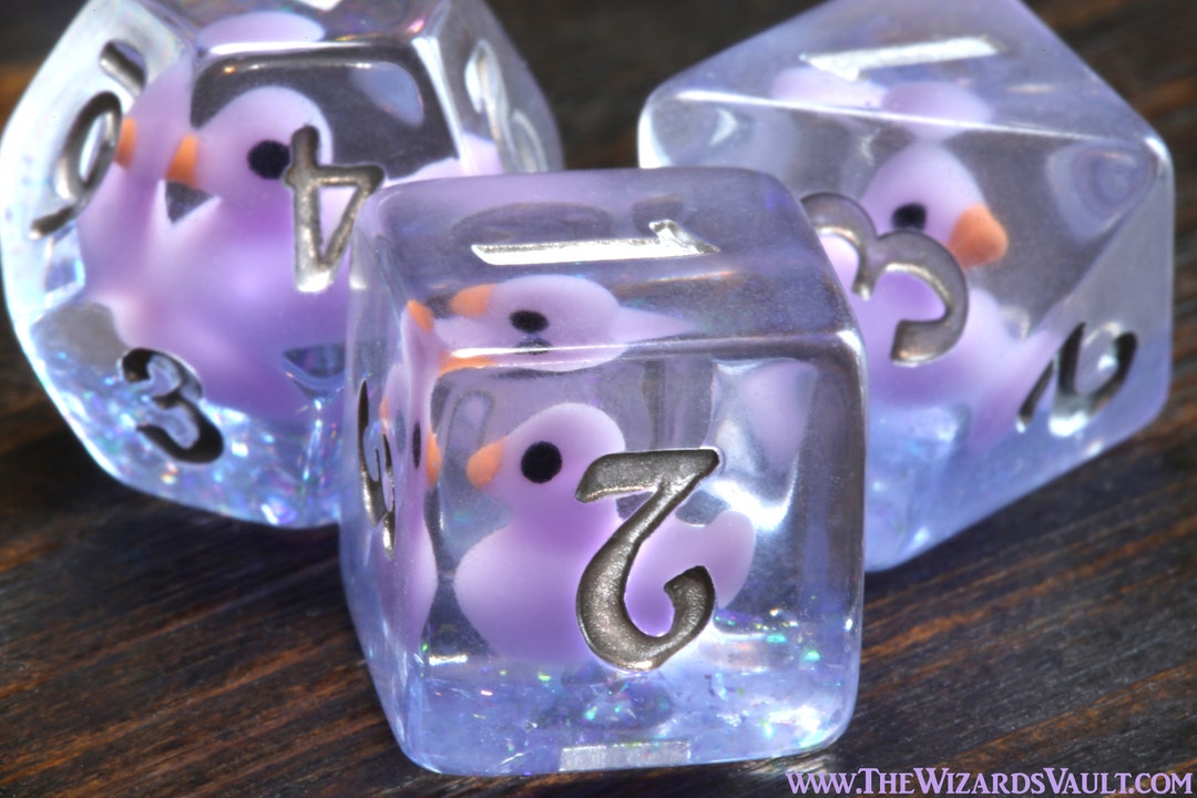 Ducklings of Doom Dice Set, Transparent With Light Purple Duck Inside