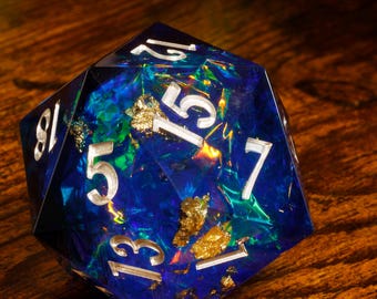 Sacred Sapphire Chonk D20 Dice - Extra Large D20 - Sharp Edge resin dice , Dice for Tabletop rpg games, - TTRPG Game Kit