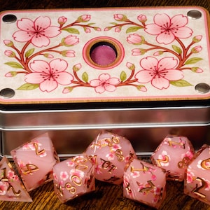 Sakura Dream dice set and box: Pink sharp edge dice set with jewel decorated box