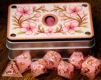 Sakura Dream dice set and box: Pink sharp edge dice set with jewel decorated box