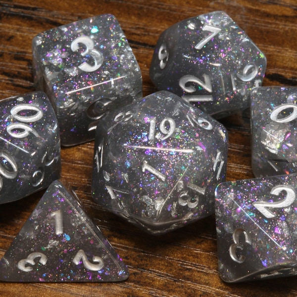 Galactic Storm Dice Set – Translucent Grey with Holographic Glitters & Silver Flakes