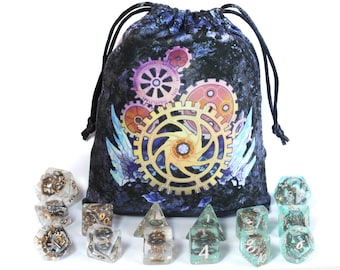 Tinkerer inspired dice bag and dice sets with gears, Clockwork with crystal tinkerer symbol, Dungeons and Dragons, Exclusive Limited Edition