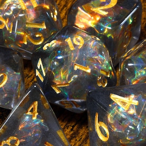 Shadow Opal Dice Set – Holographic Shimmer, TTRPG Game Kit for DnD and Role-Playing Games, Elegance and Mystery
