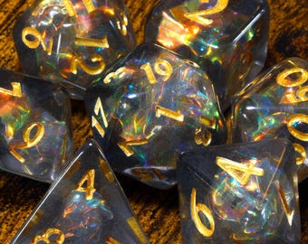 Shadow Opal Dice Set – Holographic Shimmer, TTRPG Game Kit for DnD and Role-Playing Games, Elegance and Mystery