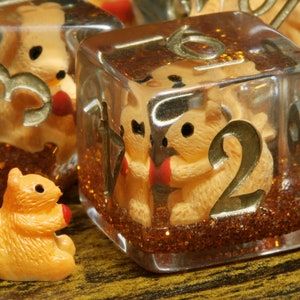Squirrel dice set, Transparent with little Squirrels inside on a copper layer, Role Playing games dice, dungeons and dragons, Dice for DnD