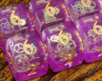 Arcane Sprockets D6 Dice, Purple glittery layer with small golden gear inclusions ,Steampunk dice for tabletop and Role playing games