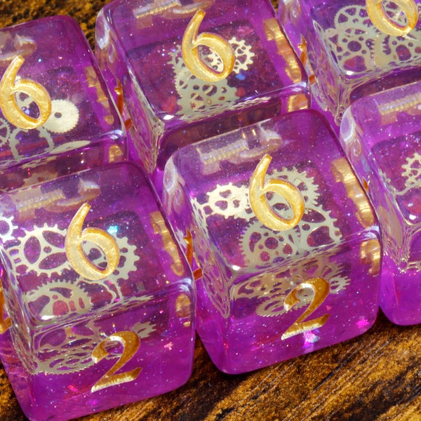 Arcane Sprockets D6 Dice, Purple glittery layer with small golden gear inclusions ,Steampunk dice for tabletop and Role playing games