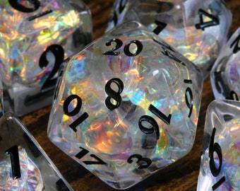 Icy Opal dice set - Clear Holo dice - Dice set with rainbow holographic foil inclusions and black font, Dice for tabletop role-playing games