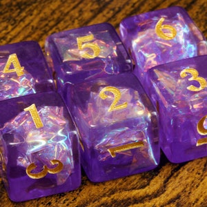 Mystic Opal D6 dice - Purple Holographic inclusions , Translucent with holo glitter, Dice DnD