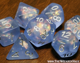 Frost Faerie Dice Set – Blue Frosted with Holographic Foil Inclusions, Dice for DnD and Role-Playing Games