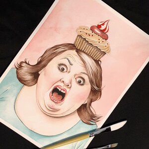 Oryginalne malarstwo akwarelowe, Candygirl, ręcznie malowane i podpisane, zabawna sztuka ścienna, piekarnia, babeczki, zabawny prezent, humor