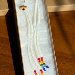 Rainbow crystals Dentalium Earrings - double decker. Dentalium shells, Czech crystals and delica beads, and mooseskin. 5 1/2 in long.