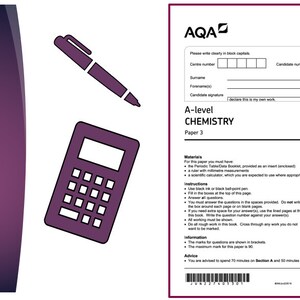 Puede incluir: Un examen de química de nivel A de AQA con instrucciones para el examen. El documento se titula "Química de nivel A - Documento 3" e incluye un límite de tiempo de 2 horas. El examen requiere el uso de una tabla periódica, una regla y una calculadora científica.