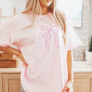 Bow Embroidered Comfort Colors T-Shirt - Bow Embroidered T-Shirt - Bow Trend T-Shirt - Coquette Trend - Pink Girlie Shirt - Coquette Shirt