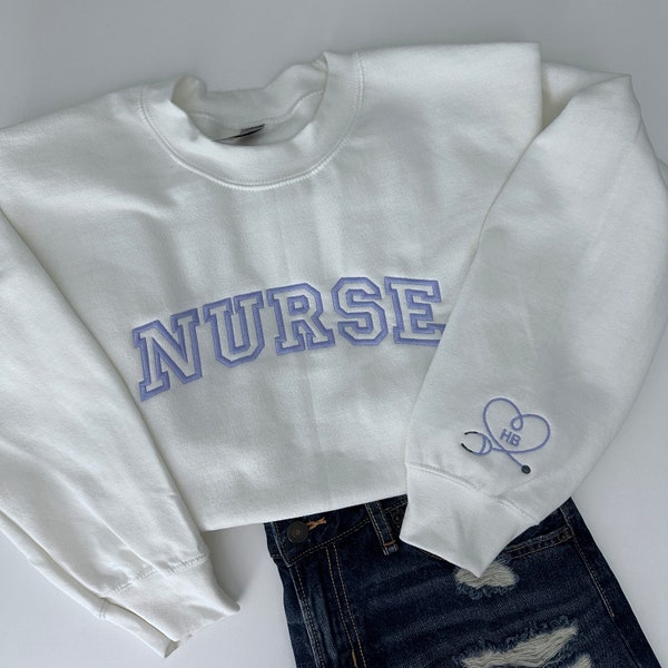 Embroidered Nurse Sweatshirt - Stethoscope Heart with Initials on the Sleeve - Nurse Sweatshirt - Embroidered Gift for Nurse - Nurse Gift