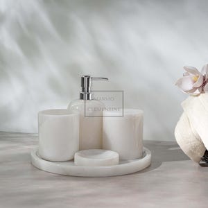 Natural Marble Bathroom Set,5 Pieces, White Marble Bathroom Set,Marble Soap Dispenser,Soap Dish, Tray, Toothbrush Holder,Marble Bathroom Set
