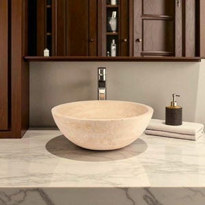 Handcrafted Beige Travertine Vessel Sink, Round Rustic Stone Washbasin for Bathroom Vanity, Turkish Natural Stone Sink (42x15 cm-16.5&quot;x5.9&quot;)