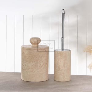 Travertine Marble Bathroom Set, 2 Pieces, Travertine Bathroom Bin, Marble Toilet Brush Holder, Marble Bathroom Set