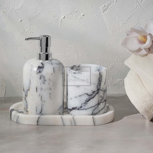 Natural Marble Bathroom Set, Marble Home Accessories, Marble Soap Dispenser, Soap Dish, Tray, Toothbrush Holder, Marble Bathroom Set
