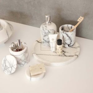Natural Marble Bathroom Set,5 Pieces, Marble Home Accessories, Marble Soap Dispenser, Soap Dish, Tray, Toothbrush Holder,Marble Bathroom Set