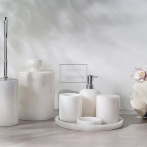 Natural Marble Bathroom Set,7 Pieces, White Marble Bathroom Set,Marble Soap Dispenser,Soap Dish,Tray, Toothbrush Holder,Bin and Toilet Brush