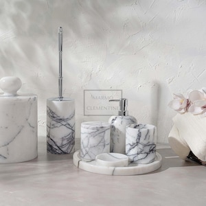 Natural Marble Bathroom Set,7 Pieces, Marble Home Accessories, Marble Soap Dispenser, Soap Dish, Tray, Toothbrush Holder,Marble Bathroom Set