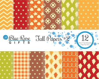 May include: Twelve digital paper designs featuring fall-themed patterns in various colors, including orange, red, brown, green, and yellow. The patterns include polka dots, gingham, leaves, swirls, and geometric shapes. The text "Fall Papers #2" and "12 Patterned Papers" is included in the image.