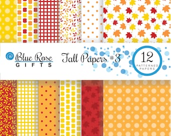 May include: Twelve digital papers featuring fall-themed patterns in red, yellow, and orange. The patterns include polka dots, plaid, leaves, and squares. The papers are labeled "Fall Papers #3".