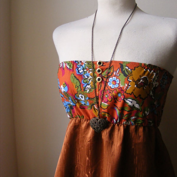 Jennifer Lilly Handmade Copper Silky Orange Floral Cotton BoHo Gypsy Mini Dress // Bohemian Whimsical Country Vintage Dress (S)