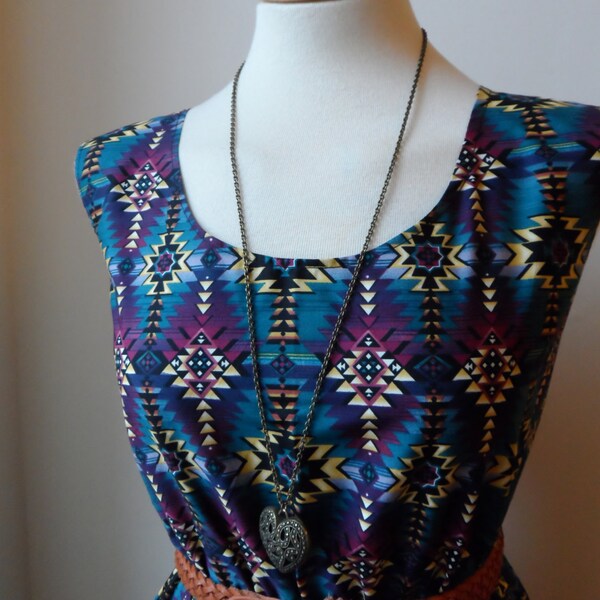 Dress with Aztec Navajo Print in Dark Purple and Teal / Handmade / Choose Your Size