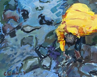 8" x 10", Acrylic Painting, Picking up Rocks. Or, message me your favorite photo and I'll paint it for you, same style and price!
