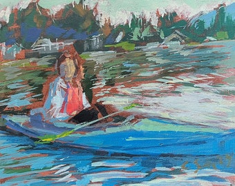 8" x 10", Acrylic Painting, Kayaking on Lake Whatcom. Or, message me your favorite photo and I'll paint it for you, same style and price!