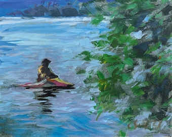 8" x 10", Acrylic Painting, Kayaker on Lake Washington. Or, message me your favorite photo and I'll paint it for you, same style and price!